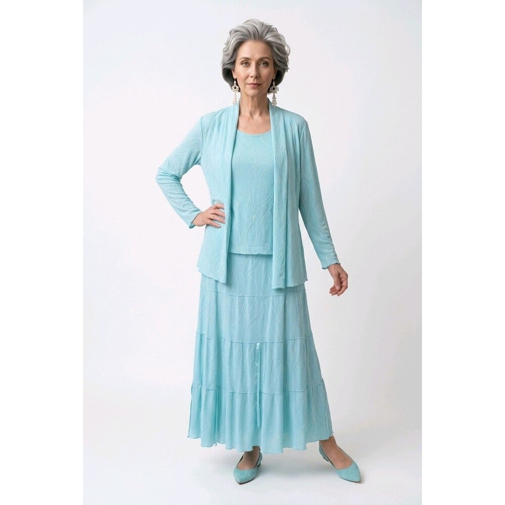 Linda Lundstrom Women's Blue 3 Piece Summer Dress Size 12 Stretch Waist